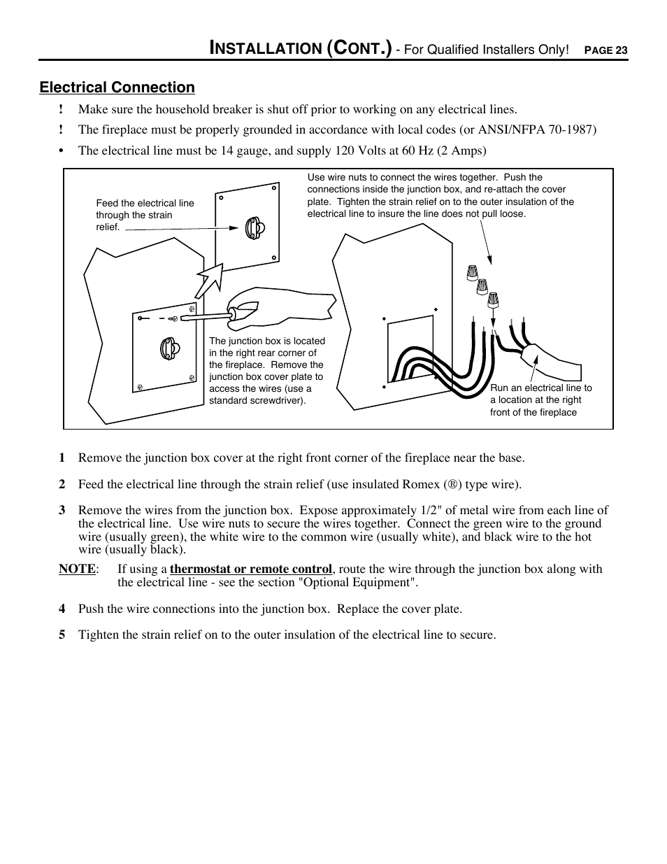 Electrical connection | Avalon Firestyles DVS Fireplace-1997 to 2000 User Manual | Page 23 / 46