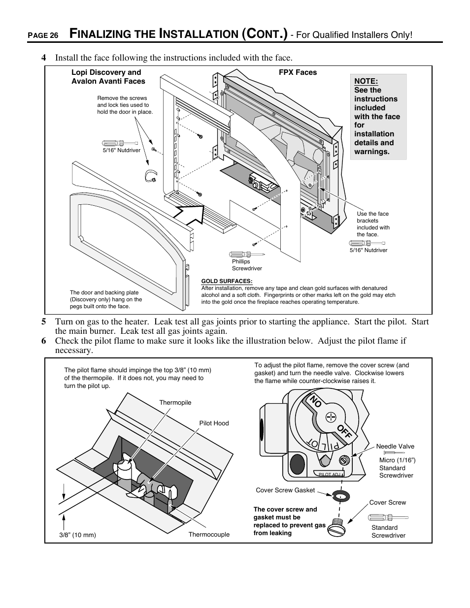 Face installation, Check pilot flame, Inalizing the | Nstallation | Avalon Firestyles DVS Fireplace-1997 to 2000 User Manual | Page 26 / 46