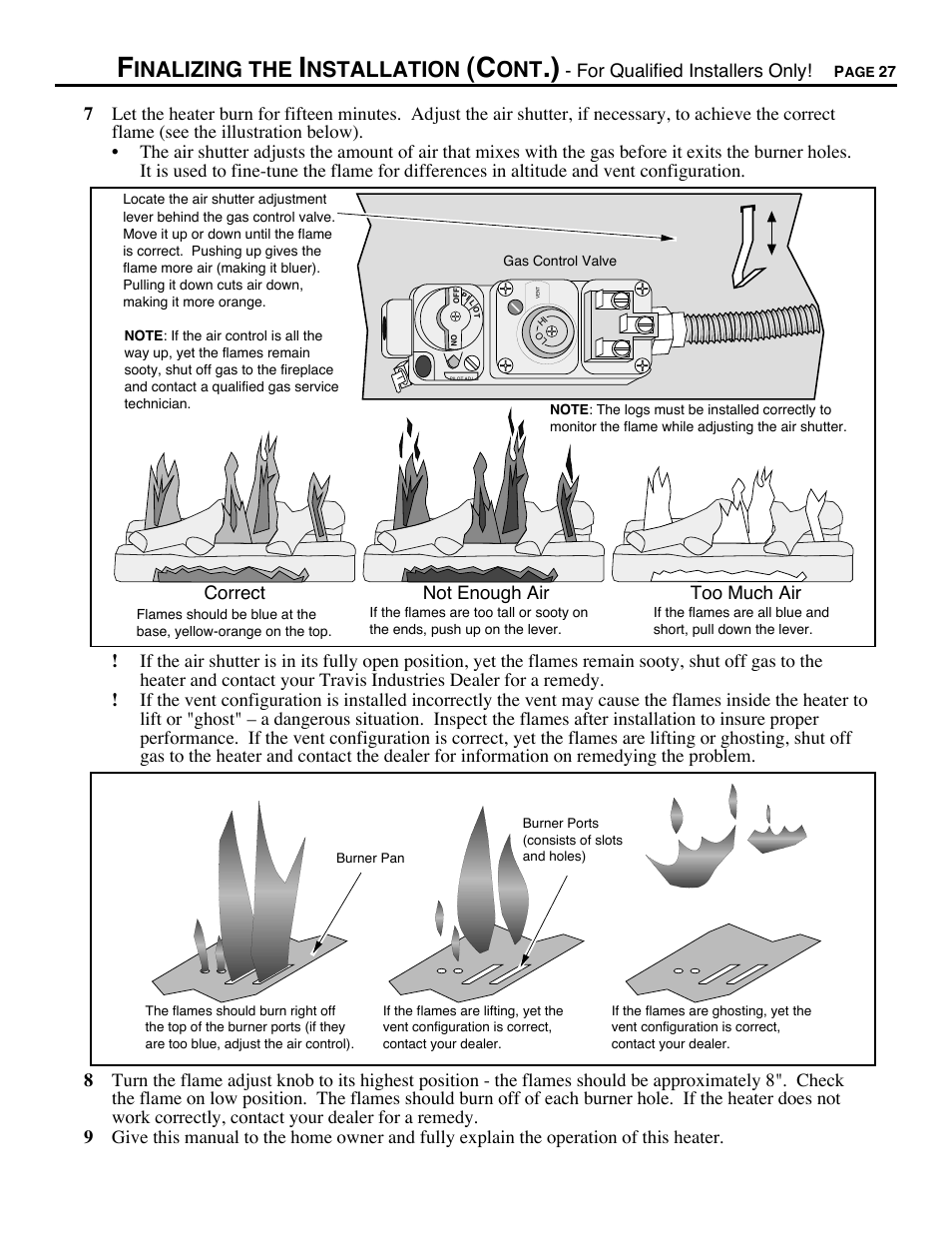 Adjust air shutter, Inalizing the, Nstallation | Avalon Firestyles DVS Fireplace-1997 to 2000 User Manual | Page 27 / 46