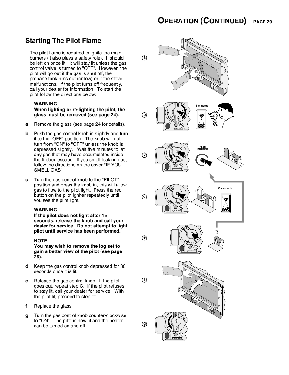 Starting the pilot flame, Peration, Ontinued | Avalon Firestyles DVS Fireplace-1997 to 2000 User Manual | Page 29 / 46