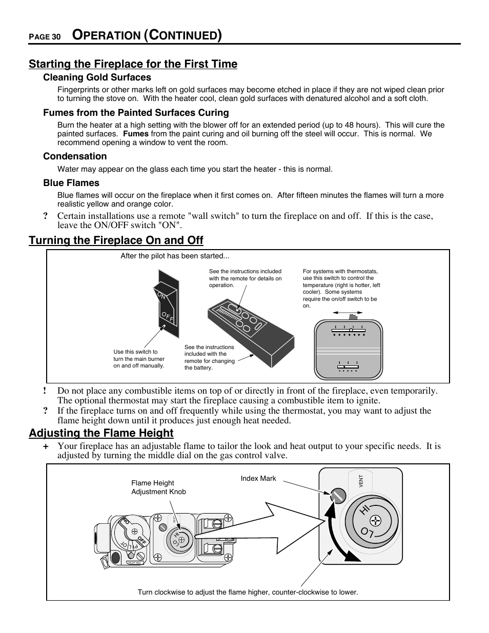 Starting the fireplace for the first time, Turning the fireplace on and off, Adjusting the flame height | Peration, Ontinued | Avalon Firestyles DVS Fireplace-1997 to 2000 User Manual | Page 30 / 46