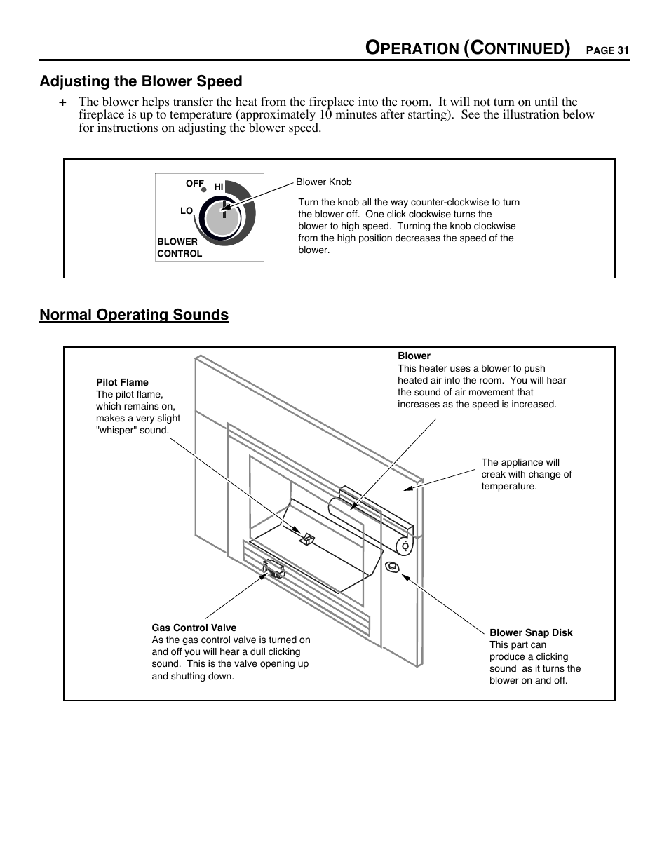 Adjusting the blower speed, Normal operating sounds, Peration | Ontinued | Avalon Firestyles DVS Fireplace-1997 to 2000 User Manual | Page 31 / 46