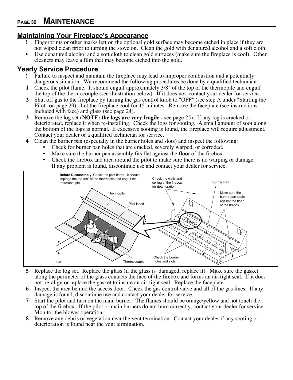 Maintenance, Maintaining your fireplace's appearance, Yearly service procedure | Aintenance maintaining your fireplace's appearance | Avalon Firestyles DVS Fireplace-1997 to 2000 User Manual | Page 32 / 46