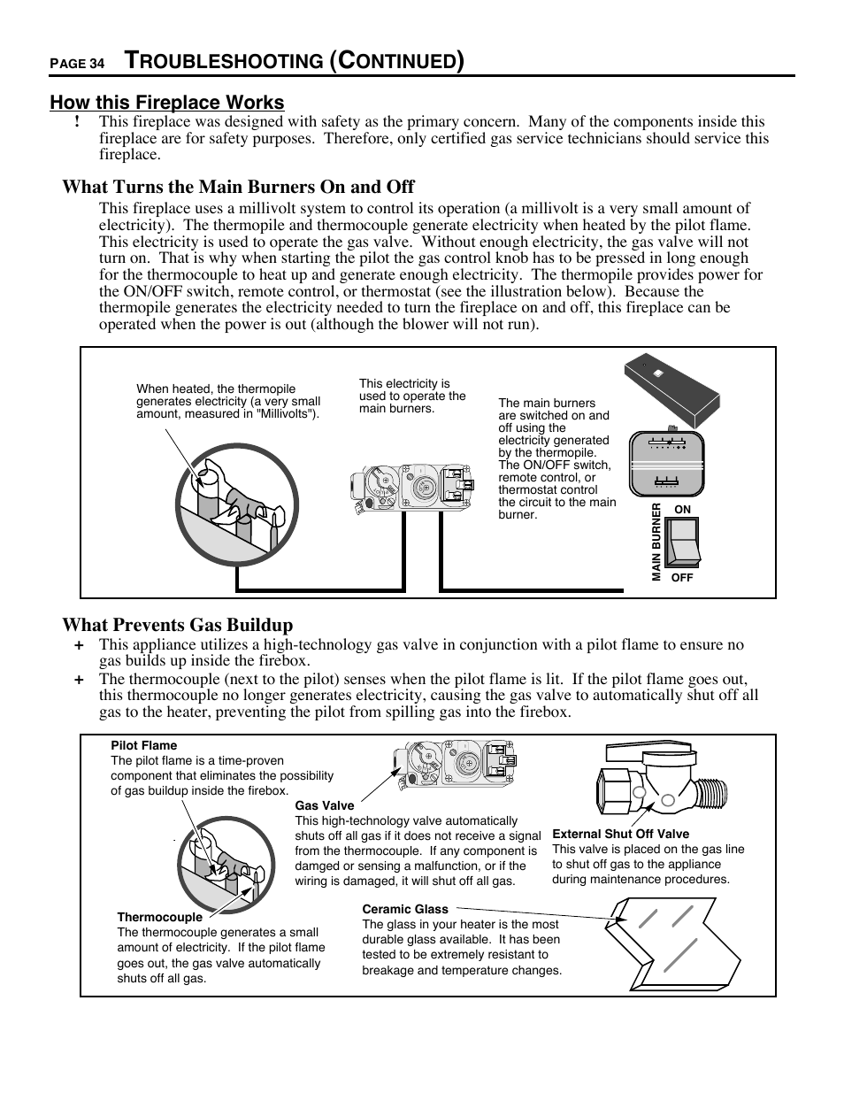 How this fireplace works, Roubleshooting, Ontinued | What turns the main burners on and off, What prevents gas buildup | Avalon Firestyles DVS Fireplace-1997 to 2000 User Manual | Page 34 / 46