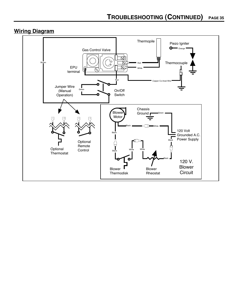 Wiring diagram, Roubleshooting, Ontinued | 120 v. blower circuit | Avalon Firestyles DVS Fireplace-1997 to 2000 User Manual | Page 35 / 46