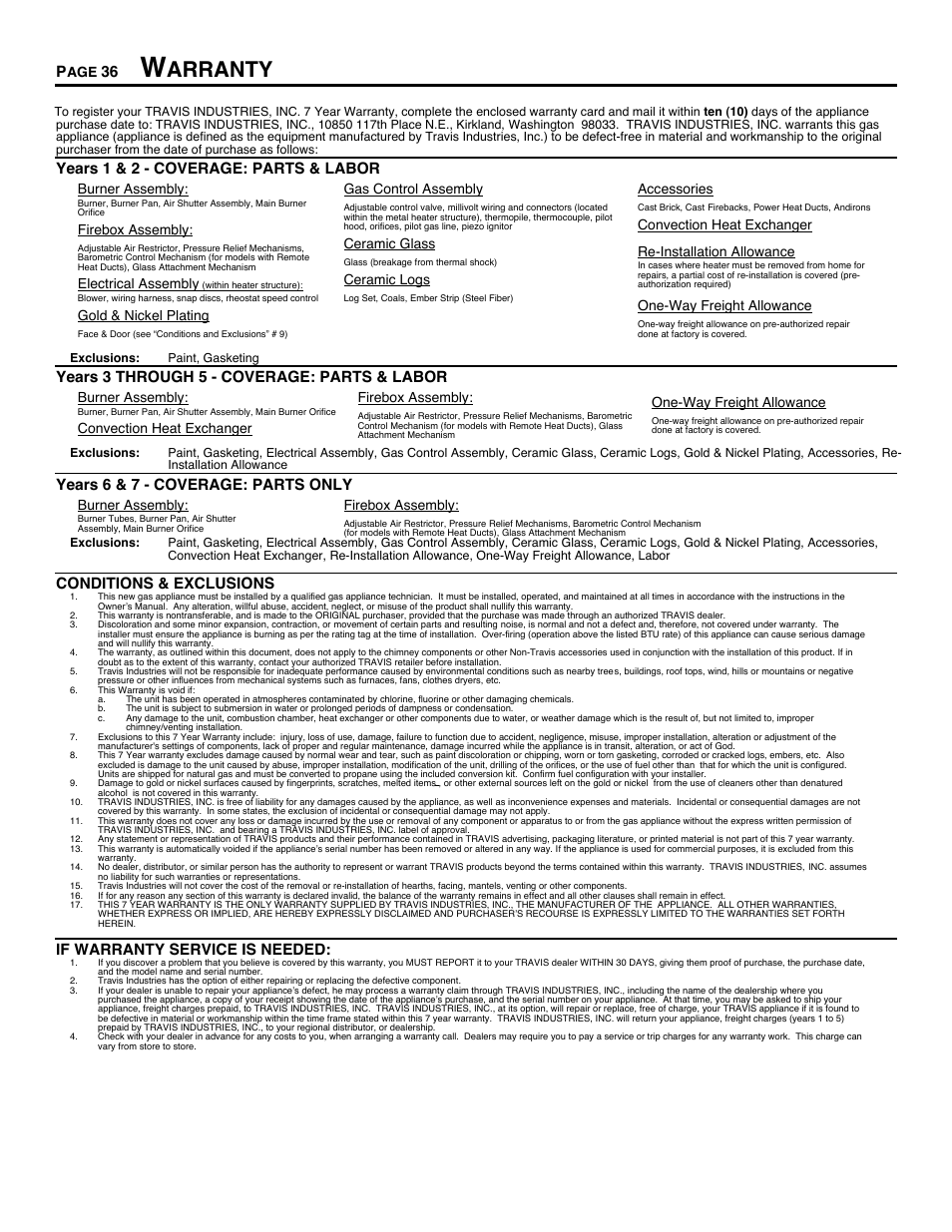 Warranty, Arranty, Years 1 & 2 - coverage: parts & labor | Years 3 through 5 - coverage: parts & labor, Years 6 & 7 - coverage: parts only, Conditions & exclusions, If warranty service is needed | Avalon Firestyles DVS Fireplace-1997 to 2000 User Manual | Page 36 / 46