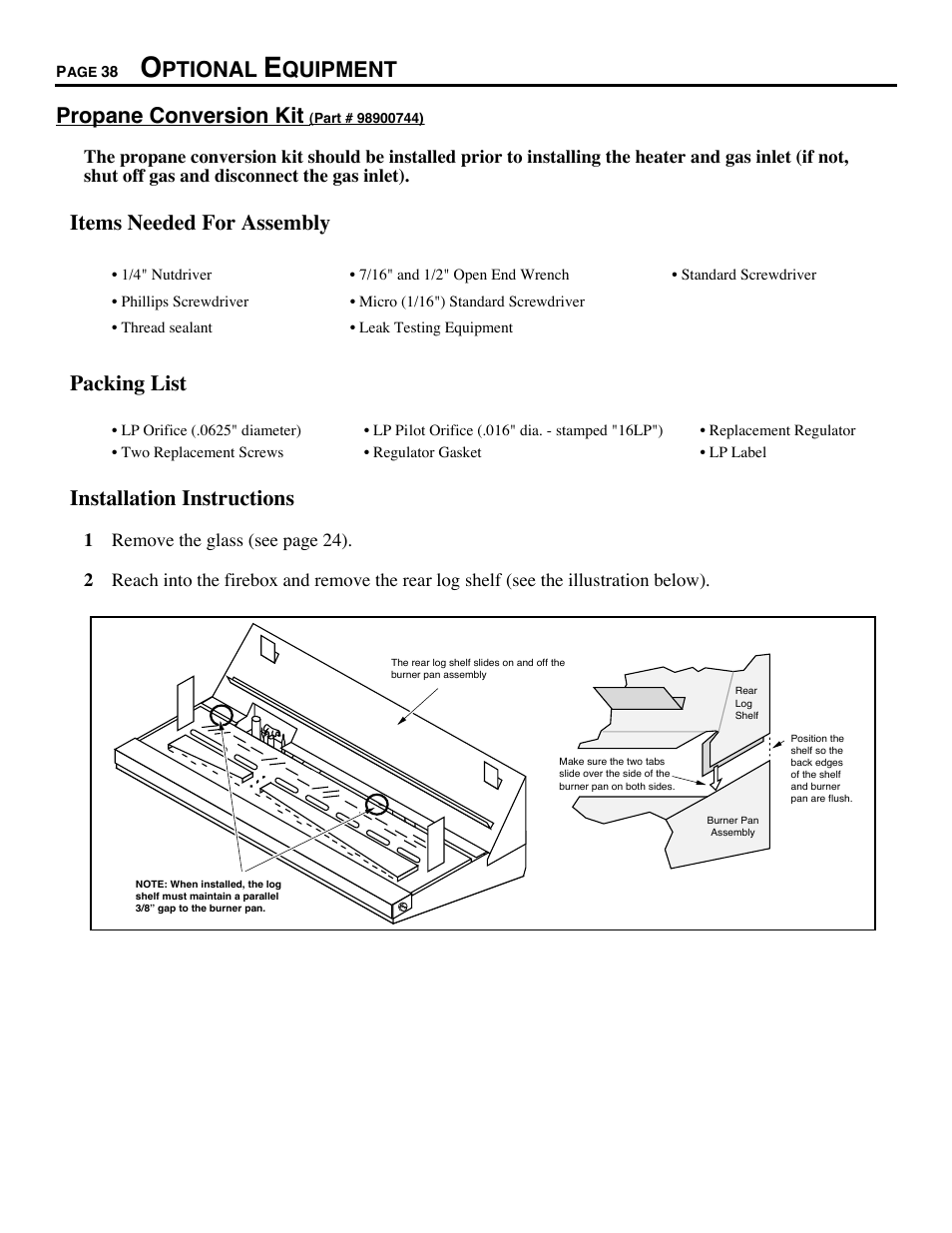 Optional equipment, Propane conversion, Ptional | Quipment propane conversion kit, Items needed for assembly, Packing list, Installation instructions | Avalon Firestyles DVS Fireplace-1997 to 2000 User Manual | Page 38 / 46