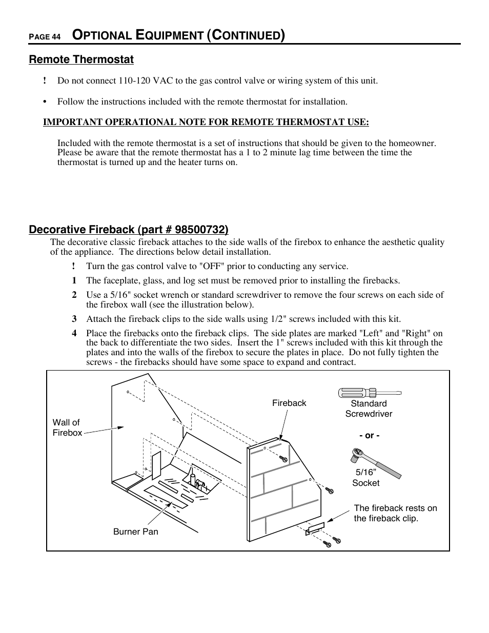 Remote thermostat, Decorative fireback | Avalon Firestyles DVS Fireplace-1997 to 2000 User Manual | Page 44 / 46
