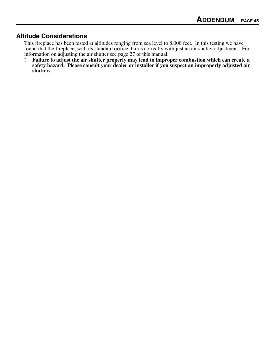 Altitude considerations | Avalon Firestyles DVS Fireplace-1997 to 2000 User Manual | Page 45 / 46