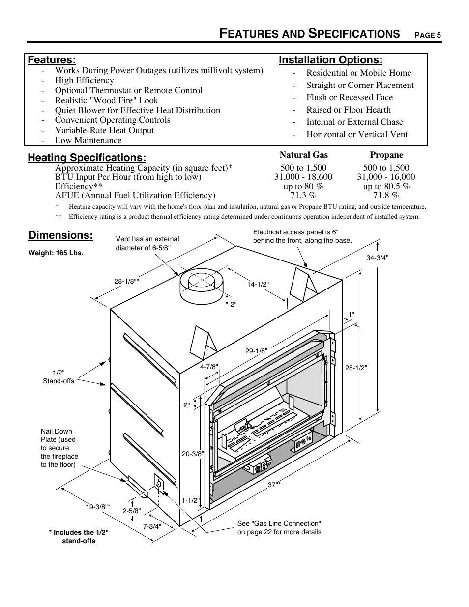 Features and specifications, Features, Installation options | Heating specifications, Dimensions, Eatures and, Pecifications | Avalon Firestyles DVS Fireplace-1997 to 2000 User Manual | Page 5 / 46