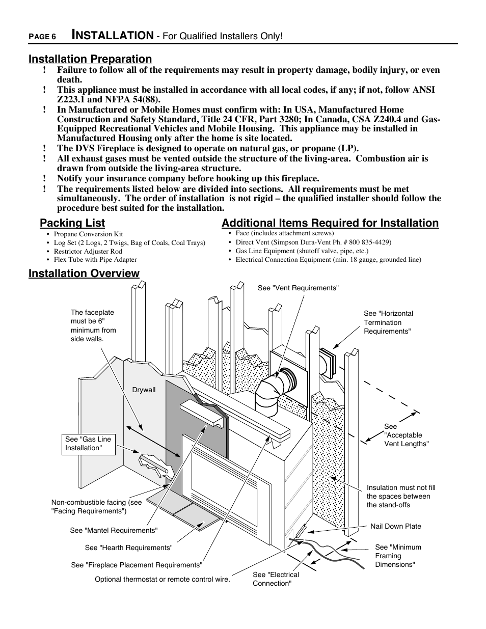Installation, Installation preparation, Packing list | Additional items required for installation, Installation overview, Nstallation | Avalon Firestyles DVS Fireplace-1997 to 2000 User Manual | Page 6 / 46