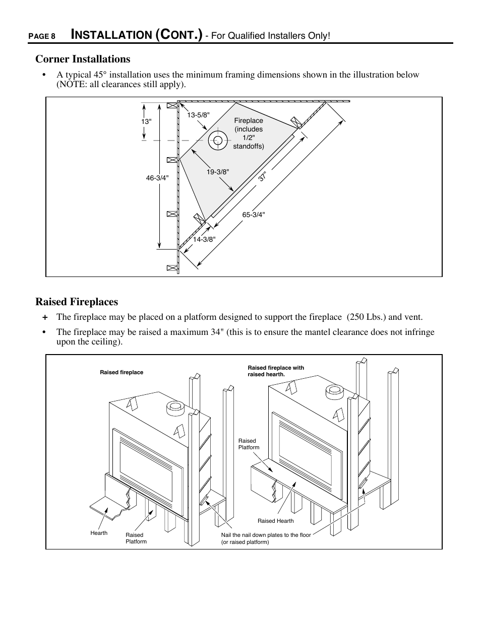 Corner installations, Raised fireplaces, Nstallation | Avalon Firestyles DVS Fireplace-1997 to 2000 User Manual | Page 8 / 46