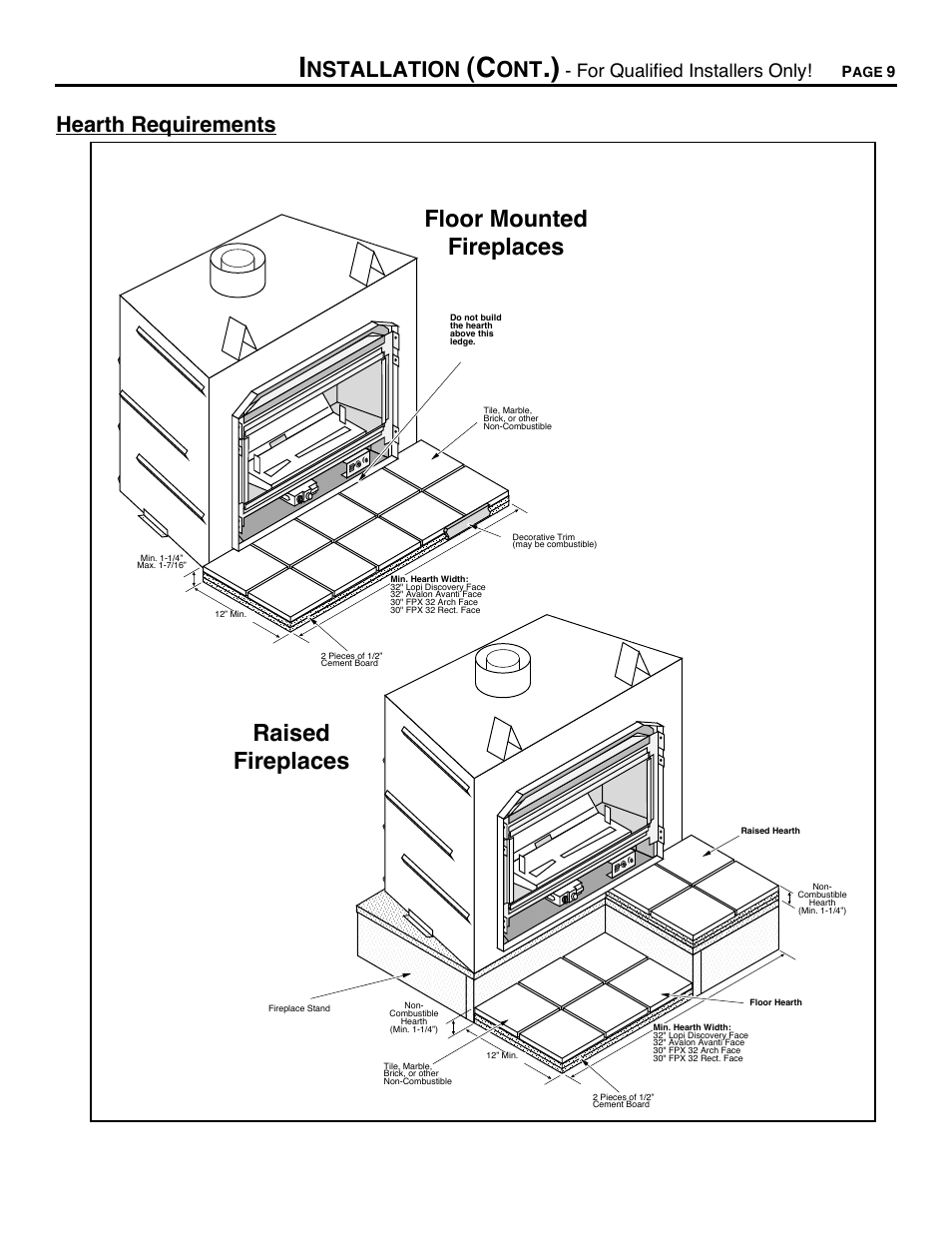 Hearth requirements, Floor mounted fireplaces raised fireplaces, Nstallation | For qualified installers only | Avalon Firestyles DVS Fireplace-1997 to 2000 User Manual | Page 9 / 46