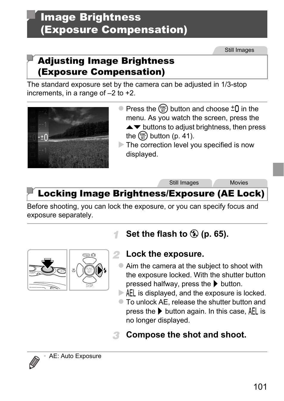 Image brightness, Exposure compensation), Pp. 101 – 119 | Image brightness (exposure compensation), Adjusting image brightness (exposure compensation), Locking image brightness/exposure (ae lock) | Canon D20 User Manual | Page 101 / 218