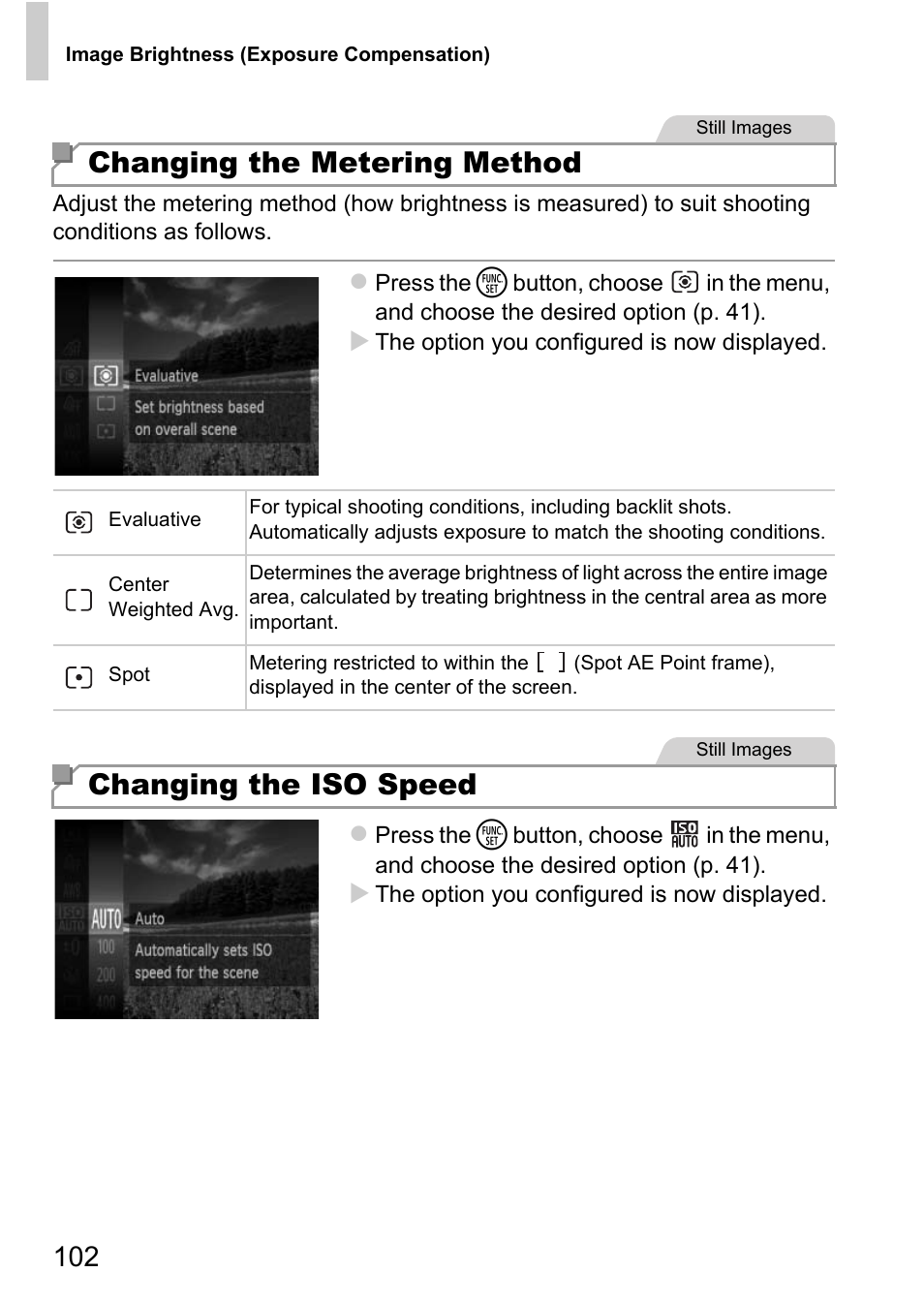 P. 102), Changing the metering method, Changing the iso speed | Canon D20 User Manual | Page 102 / 218