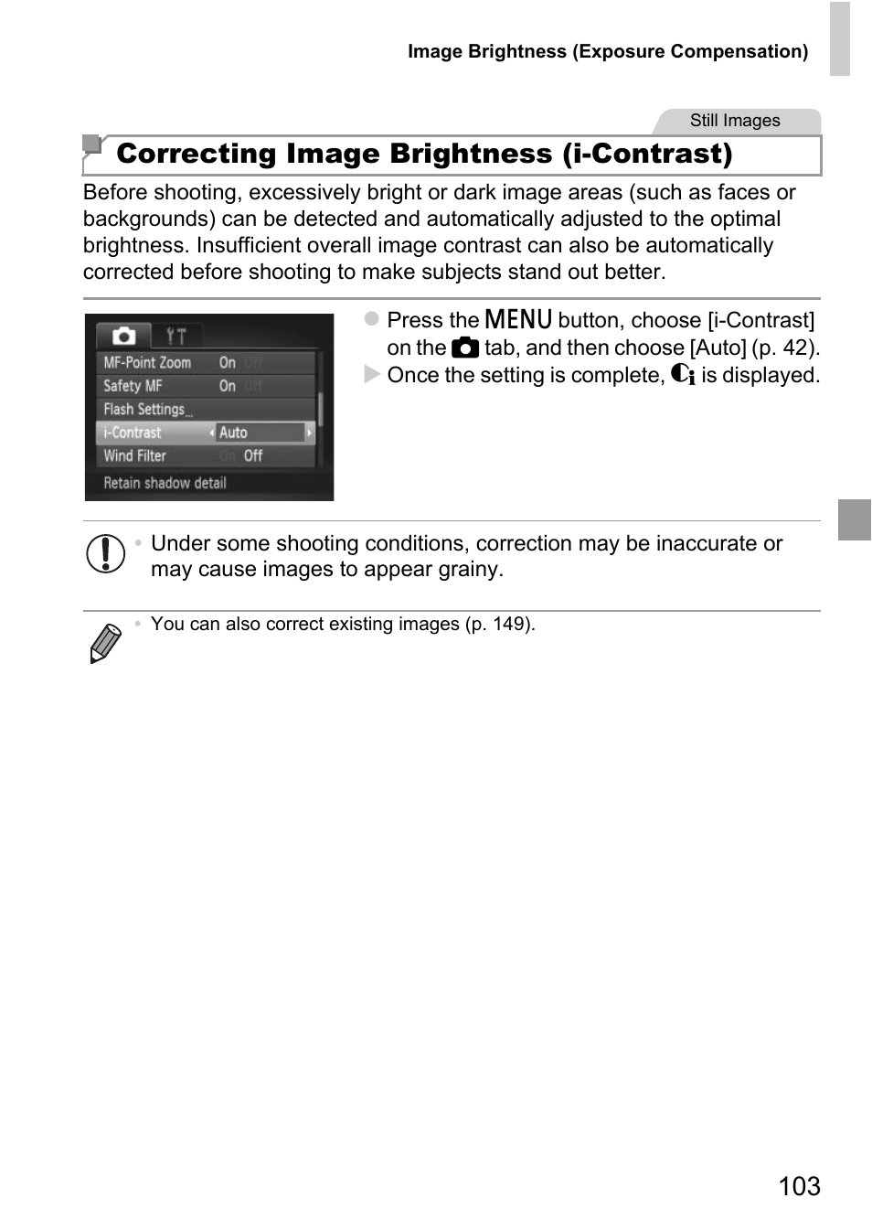 Correcting image brightness (i-contrast) | Canon D20 User Manual | Page 103 / 218