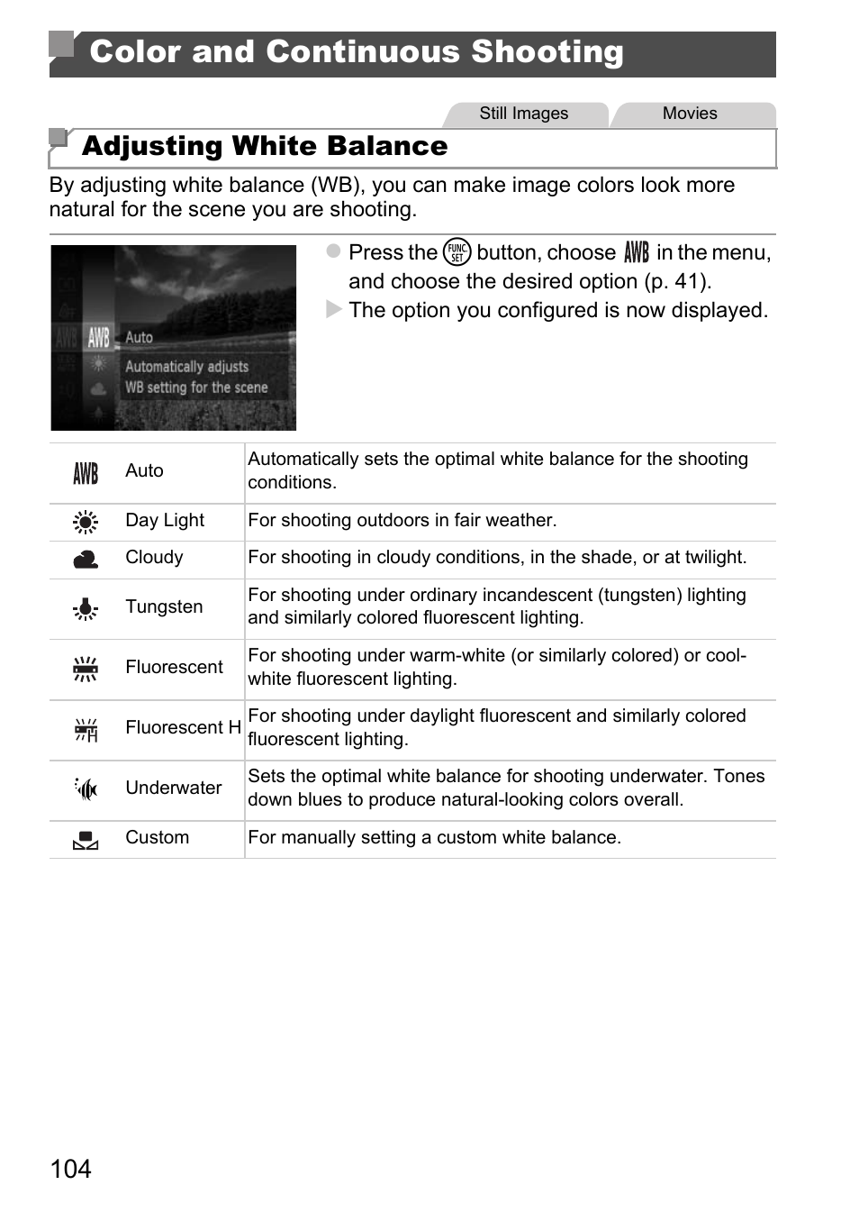Color and continuous shooting, Adjusting white balance | Canon D20 User Manual | Page 104 / 218