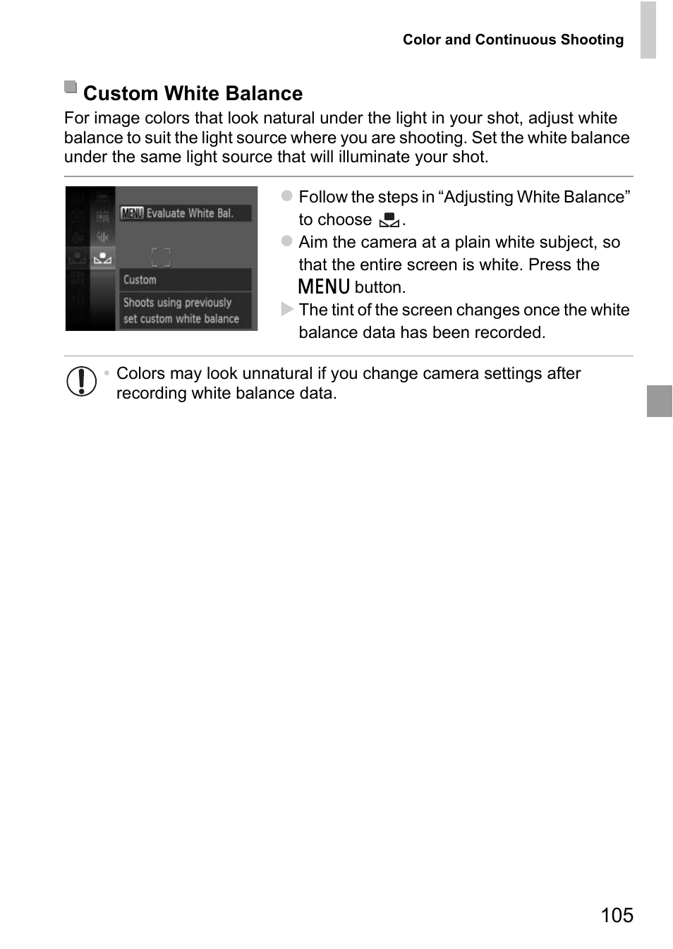 Ata (p. 105) be, Custom white balance | Canon D20 User Manual | Page 105 / 218