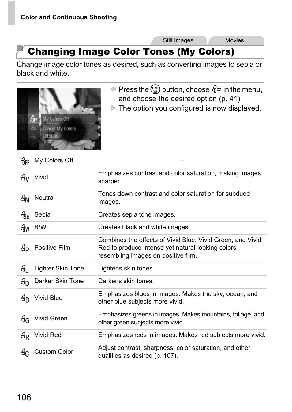 Changing image color tones (my colors) | Canon D20 User Manual | Page 106 / 218