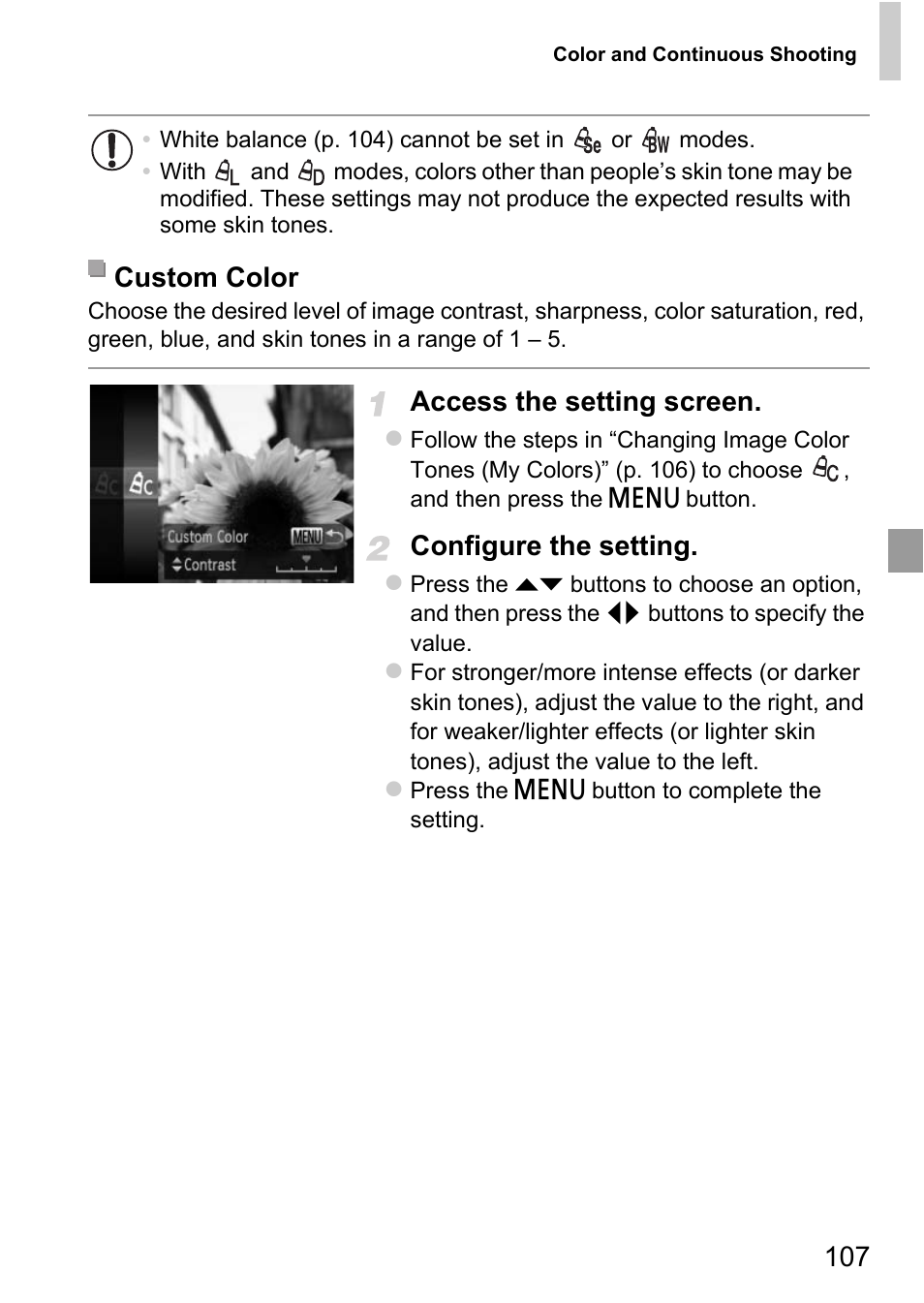 Access the setting screen, Configure the setting, Custom color | Canon D20 User Manual | Page 107 / 218