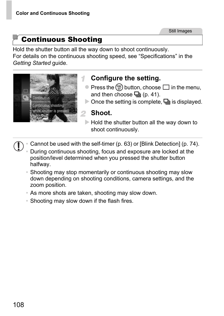 Continuous shooting, Configure the setting, Shoot | Canon D20 User Manual | Page 108 / 218
