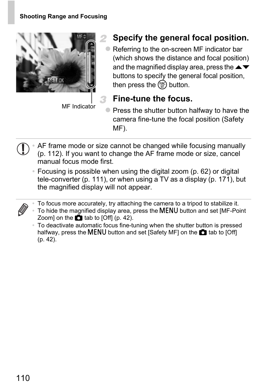 110 specify the general focal position, Fine-tune the focus | Canon D20 User Manual | Page 110 / 218