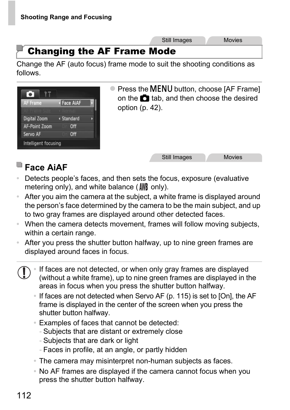 P. 112), Changing the af frame mode, Face aiaf | Canon D20 User Manual | Page 112 / 218