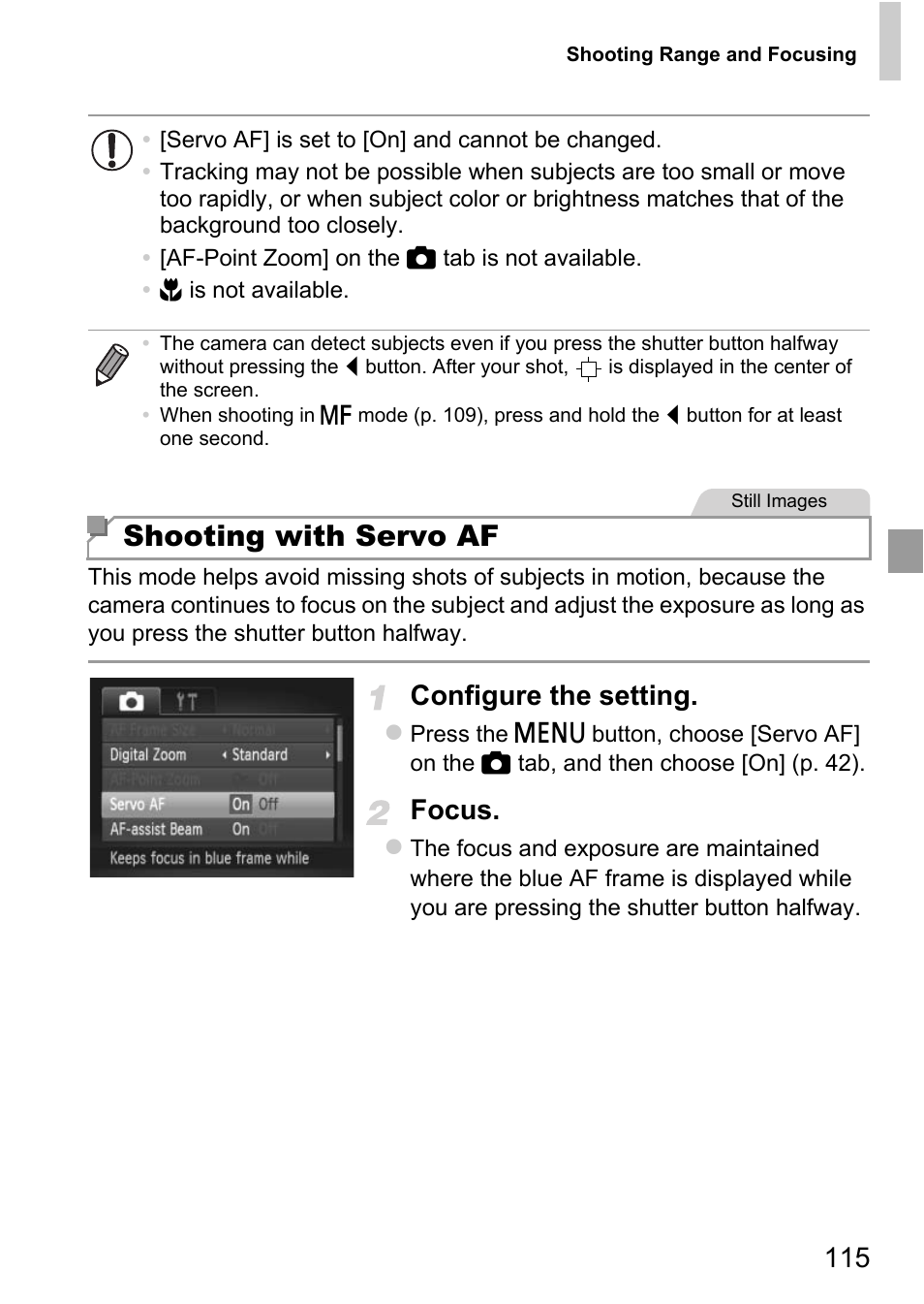 Shooting with servo af, Configure the setting, Focus | Canon D20 User Manual | Page 115 / 218