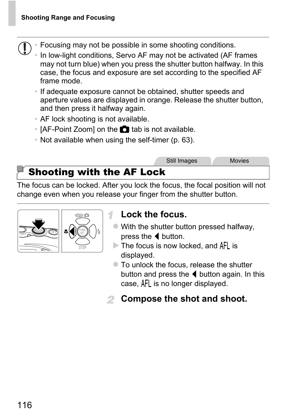 Shooting with the af lock, Lock the focus, Compose the shot and shoot | Canon D20 User Manual | Page 116 / 218