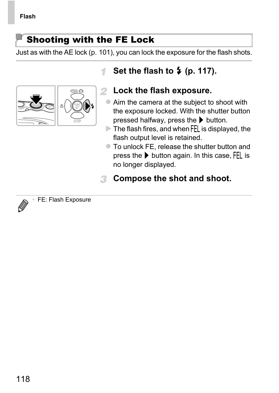 Shooting with the fe lock, Compose the shot and shoot | Canon D20 User Manual | Page 118 / 218