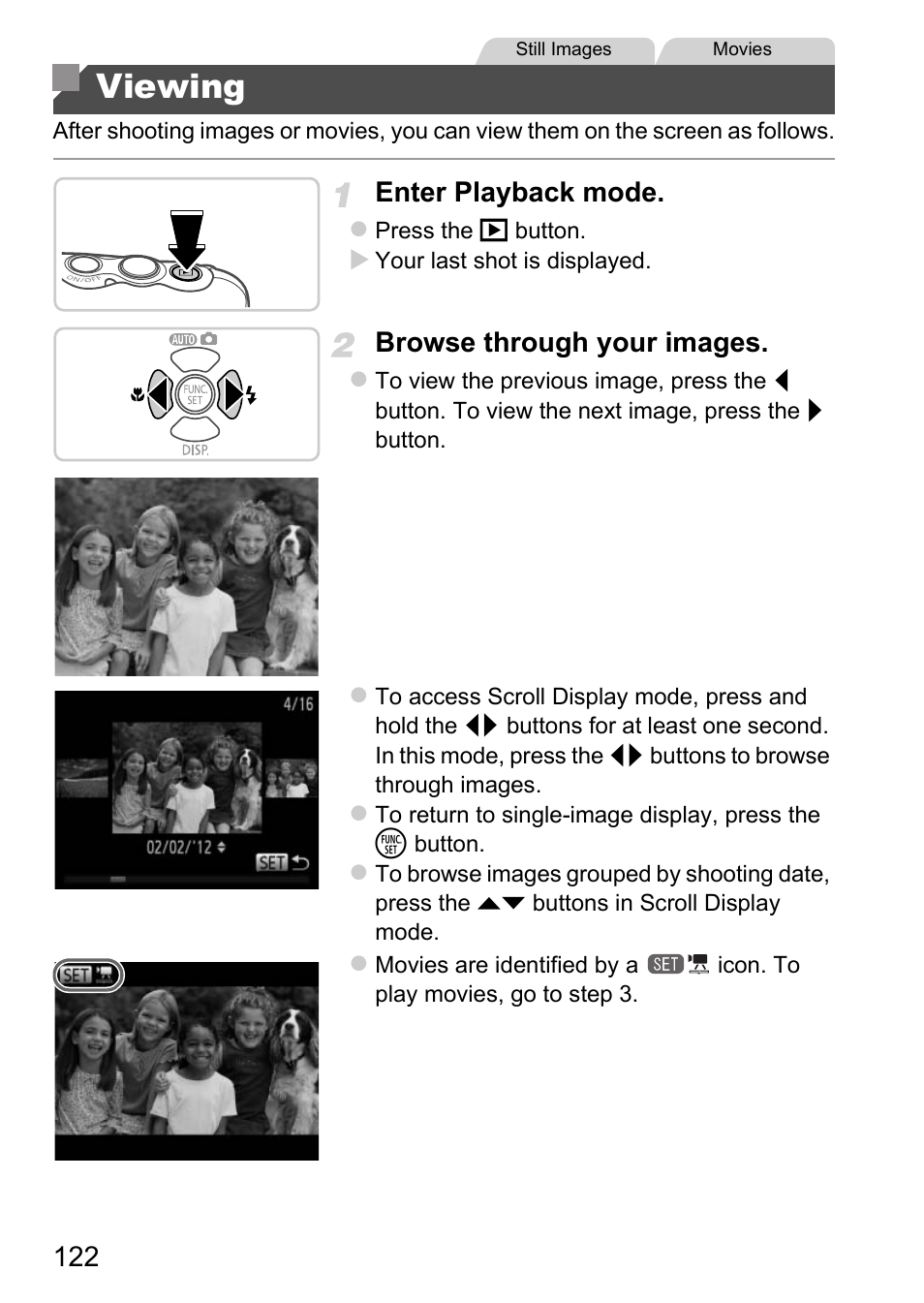 Viewing, Pp. 122, Enter playback mode | Browse through your images | Canon D20 User Manual | Page 122 / 218