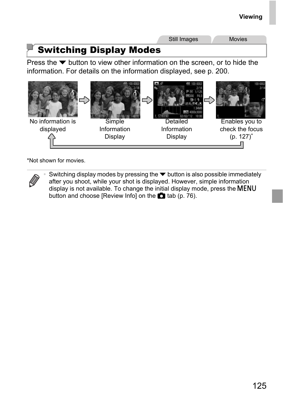 Switching display modes | Canon D20 User Manual | Page 125 / 218