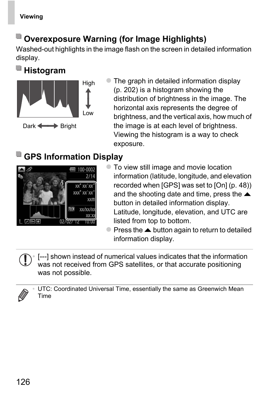 P. 126), Time (p. 126) in, Gps information display | Canon D20 User Manual | Page 126 / 218