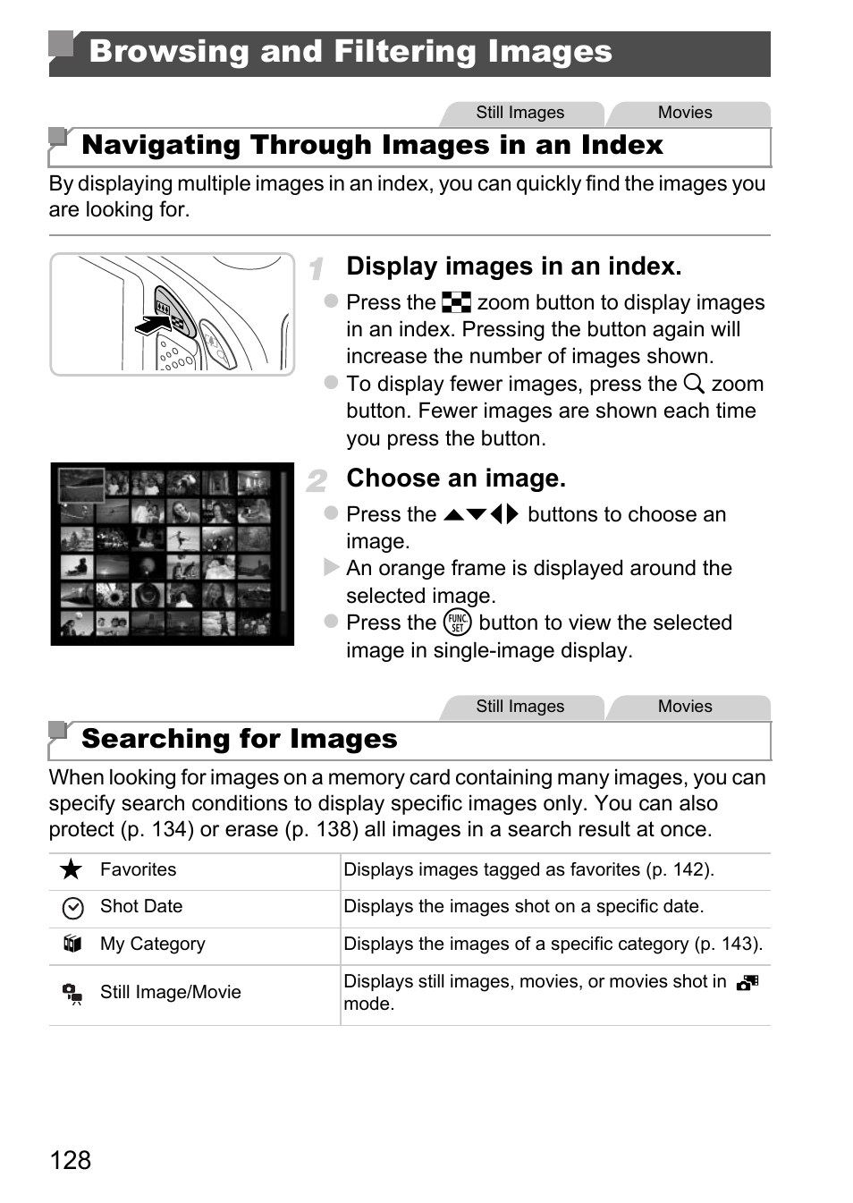 Browsing and filtering images, Navigating through images in an index, Searching for images | Display images in an index, Choose an image | Canon D20 User Manual | Page 128 / 218