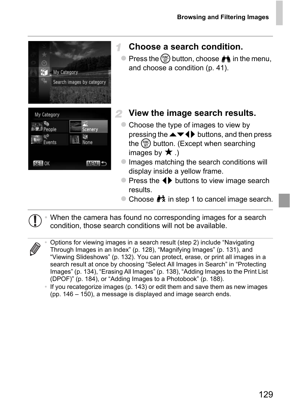 129 choose a search condition, View the image search results | Canon D20 User Manual | Page 129 / 218