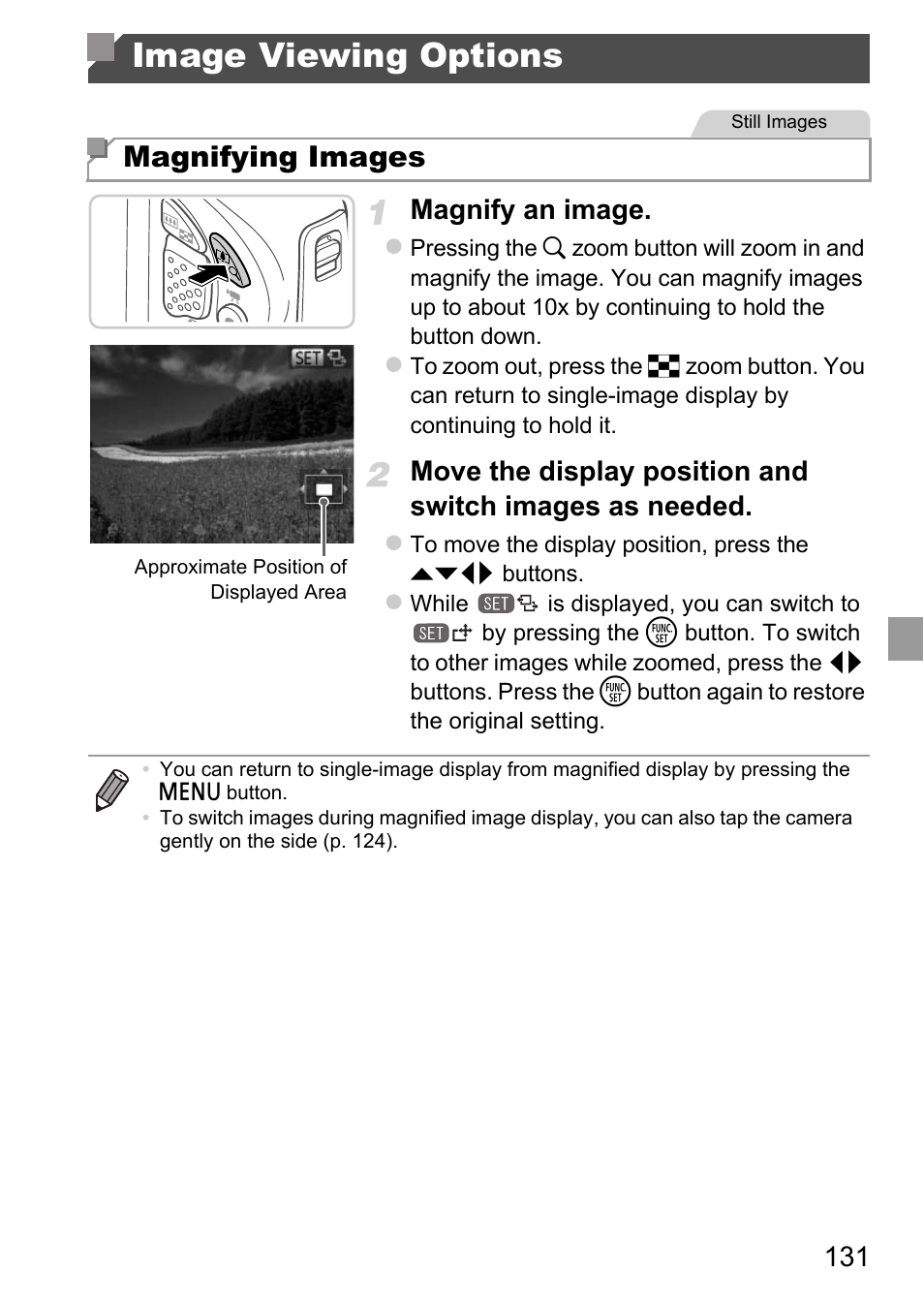 Image viewing options, Magnifying images” (p. 131), and, Magnifying images | 131 magnify an image | Canon D20 User Manual | Page 131 / 218