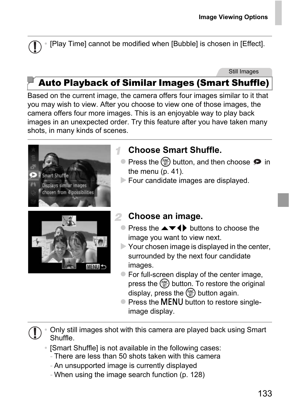 Auto playback of similar images (smart shuffle), Choose smart shuffle, Choose an image | Canon D20 User Manual | Page 133 / 218