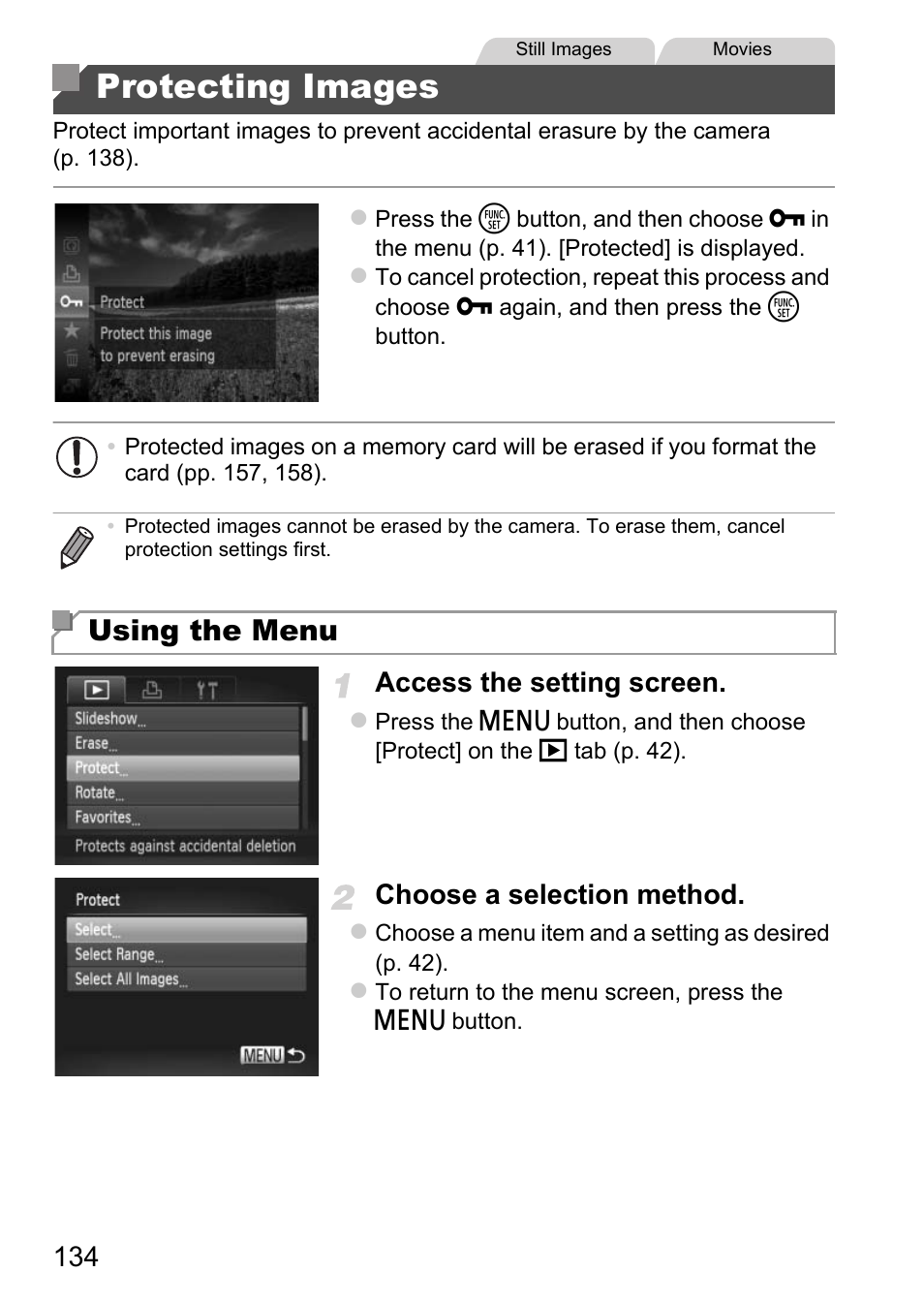 Protecting images, Otected (p. 134), P. 134 | In “protecting images” (p. 134), Using the menu, Access the setting screen, Choose a selection method | Canon D20 User Manual | Page 134 / 218