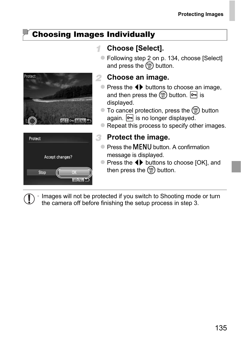 Choosing images individually, 135 choose [select, Choose an image | Protect the image | Canon D20 User Manual | Page 135 / 218