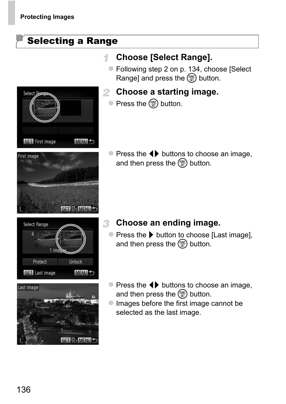 Selecting a range, 136 choose [select range, Choose a starting image | Choose an ending image | Canon D20 User Manual | Page 136 / 218