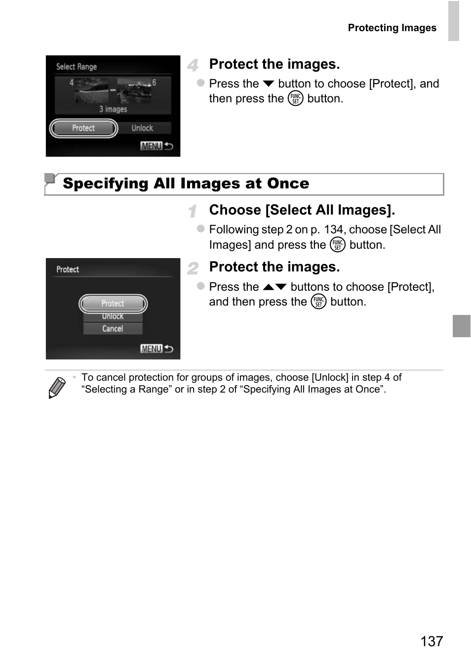 Specifying all images at once, 137 protect the images, Choose [select all images | Protect the images | Canon D20 User Manual | Page 137 / 218