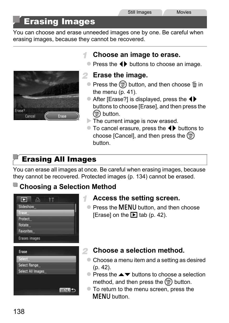 Erasing images, P. 138, Erasing all images” (p. 138) | Erasing all images, Choose an image to erase, Erase the image, Access the setting screen, Choose a selection method, Choosing a selection method | Canon D20 User Manual | Page 138 / 218