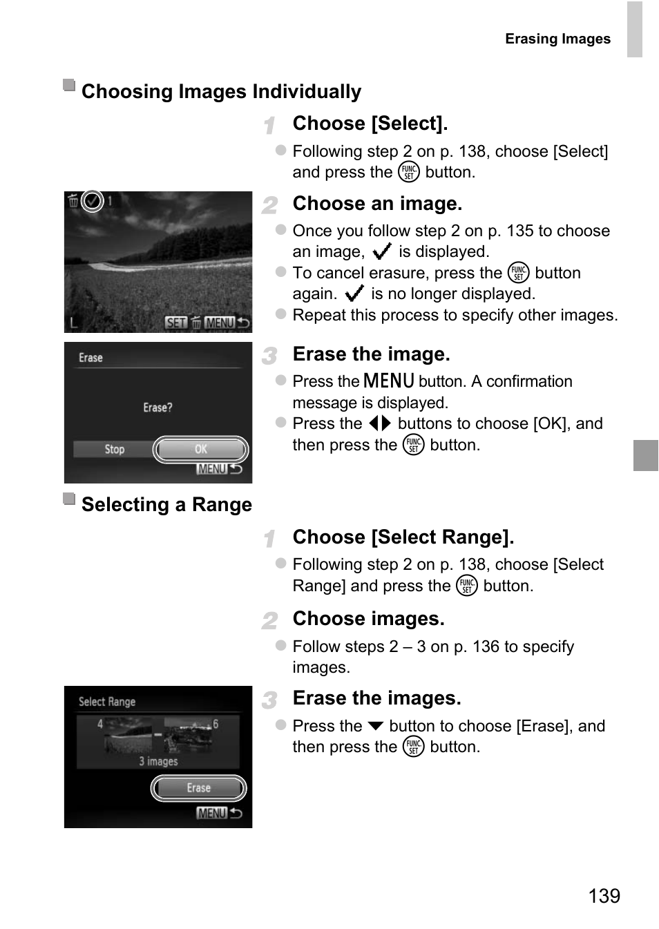 139 choose [select, Choose an image, Erase the image | Choose [select range, Choose images, Erase the images, Choosing images individually selecting a range | Canon D20 User Manual | Page 139 / 218
