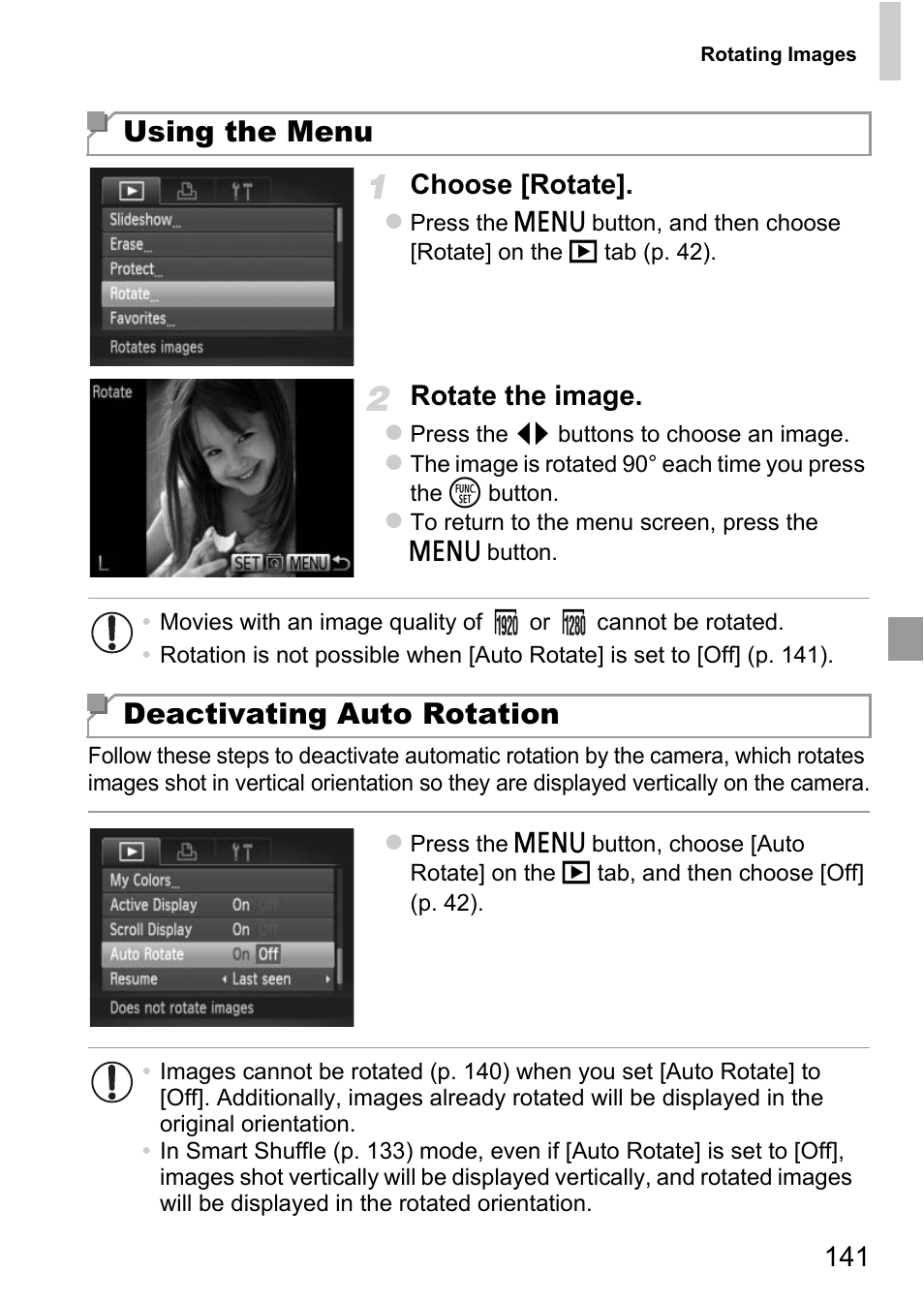 Using the menu, Deactivating auto rotation, 141 choose [rotate | Rotate the image | Canon D20 User Manual | Page 141 / 218