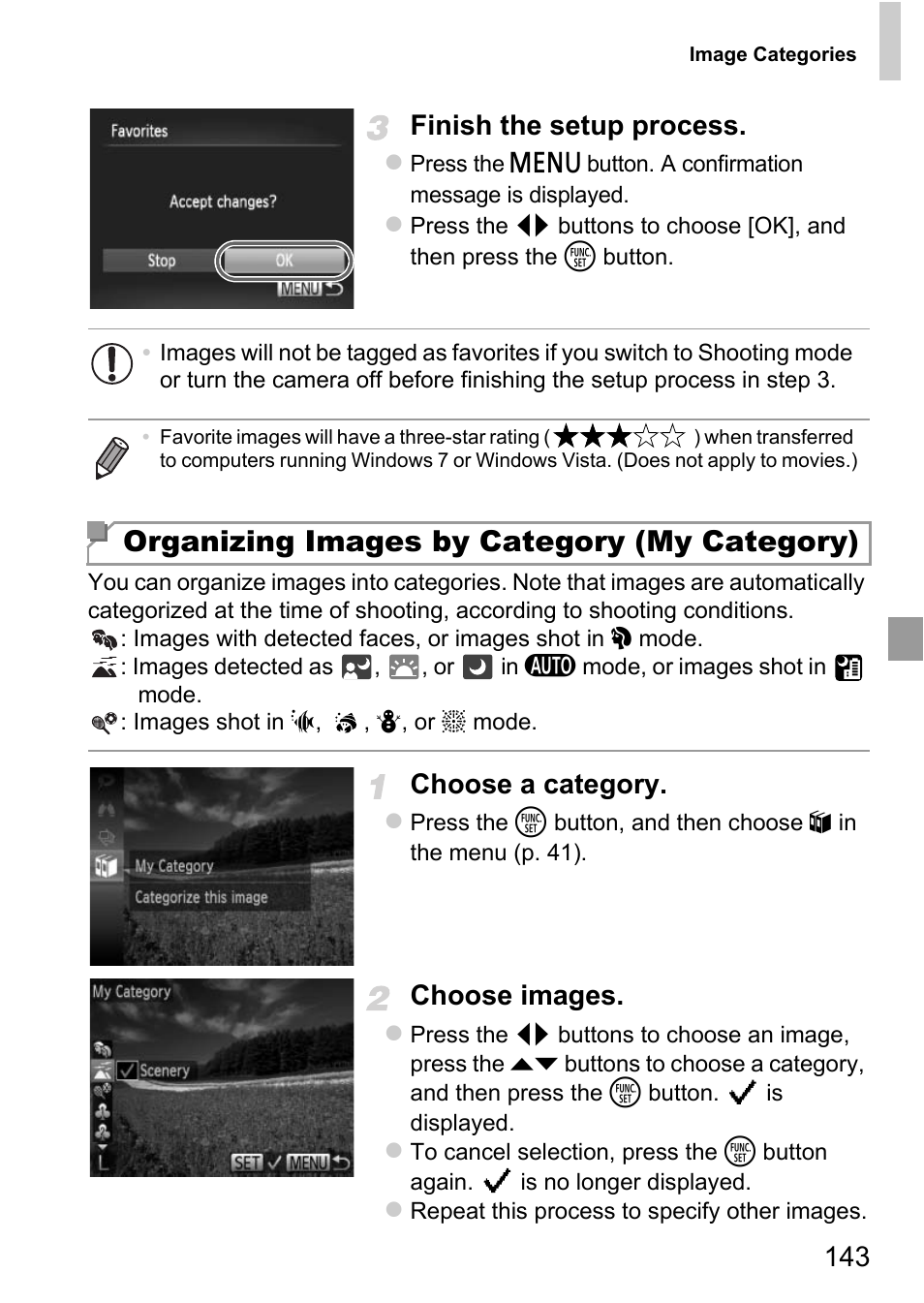 Ic category (p. 143), Ges (p. 143), Y (p. 143) | Organizing images by category (my category), 143 finish the setup process, Choose a category, Choose images | Canon D20 User Manual | Page 143 / 218