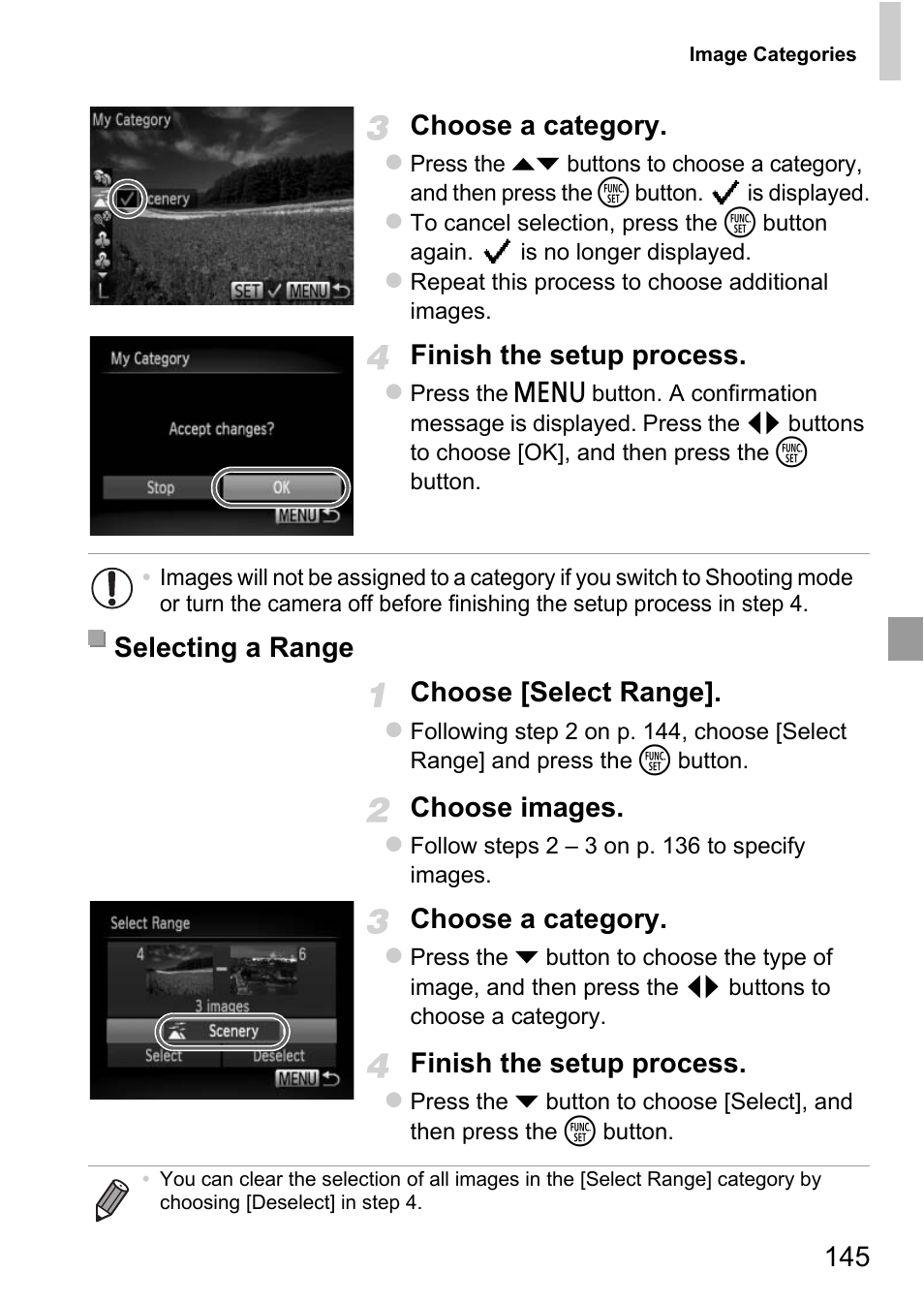 145 choose a category, Finish the setup process, Choose [select range | Choose images, Choose a category, Selecting a range | Canon D20 User Manual | Page 145 / 218