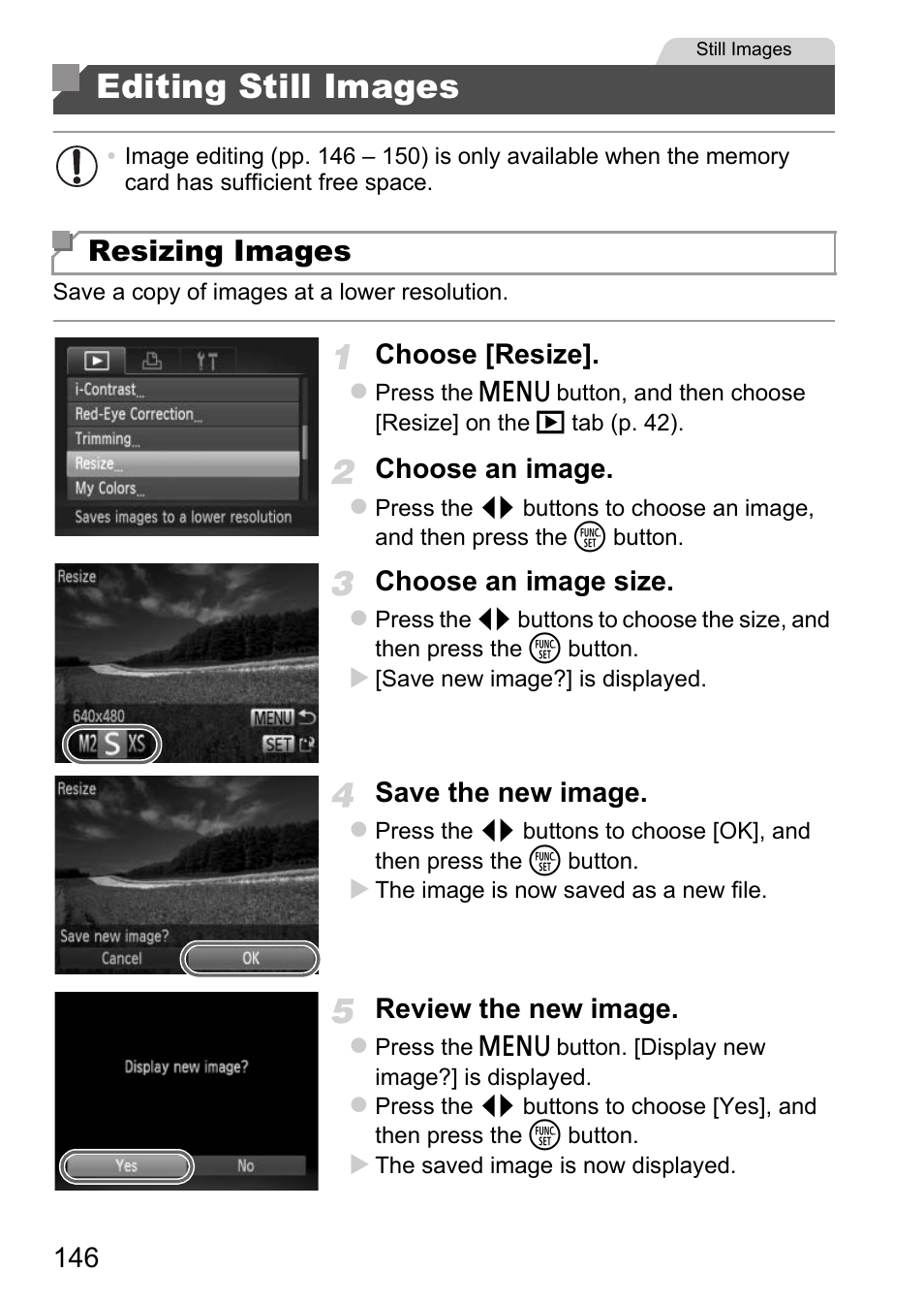 Editing still images, Pp. 146, Resizing images | Choose [resize, Choose an image, Choose an image size, Save the new image, Review the new image | Canon D20 User Manual | Page 146 / 218