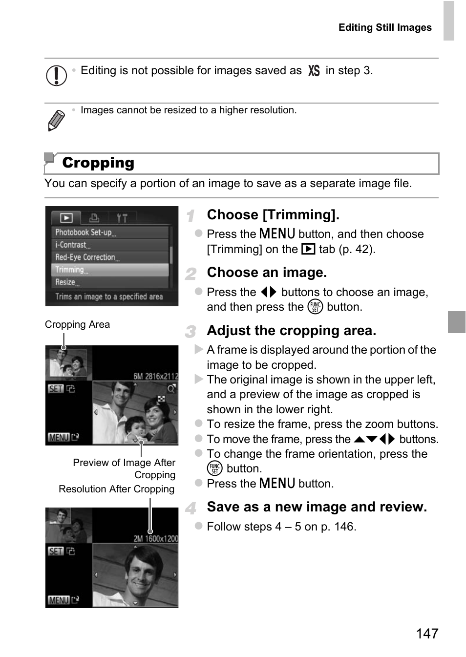 Cropping, Choose [trimming, Choose an image | Adjust the cropping area, Save as a new image and review | Canon D20 User Manual | Page 147 / 218