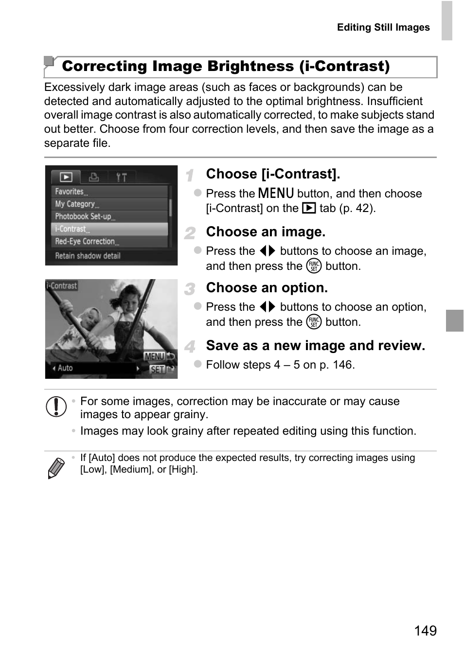 Correcting image brightness (i-contrast), Choose [i-contrast, Choose an image | Choose an option, Save as a new image and review | Canon D20 User Manual | Page 149 / 218