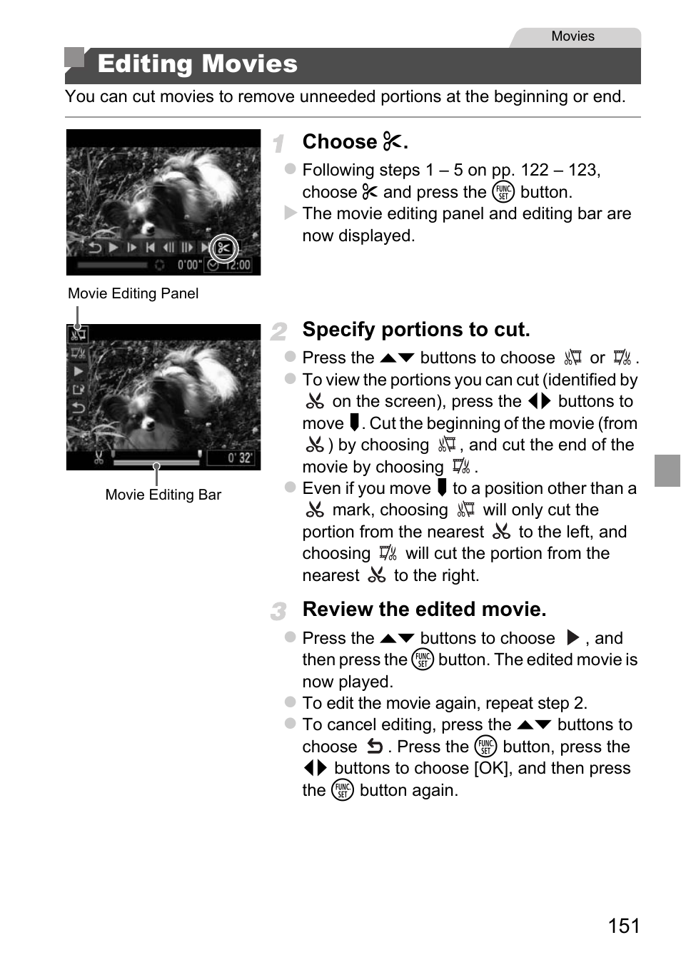 Editing movies, Choose, Specify portions to cut | Review the edited movie | Canon D20 User Manual | Page 151 / 218